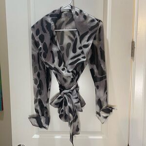 Couleur by Finley Sheer Wrap Blouse Taupe & Black Long Sleeve Vintage Size S